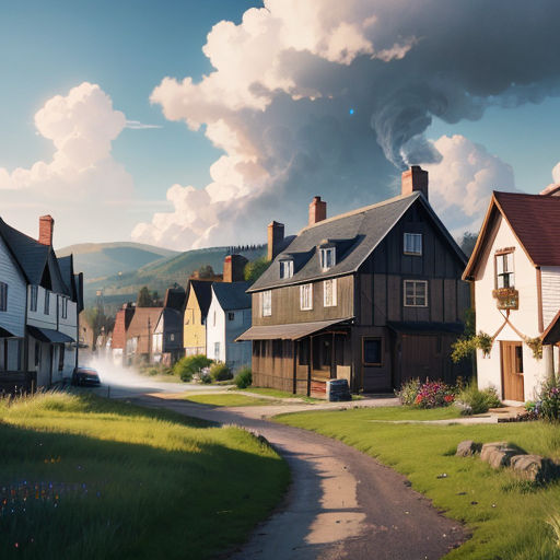 a rural road with houses and a fire hydrant in the distance and a mountain in the background with clouds