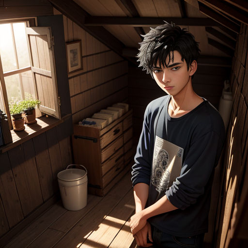 a man standing in a room with a window and a potted plant in the corner of the room