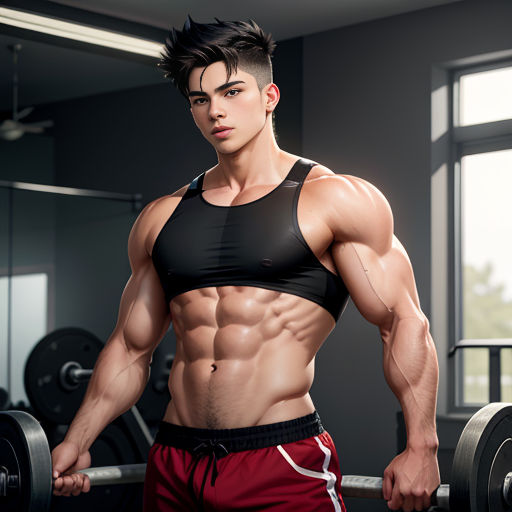 a man with a muscular body is posing for a picture in a gym room with a barbell and a mirror