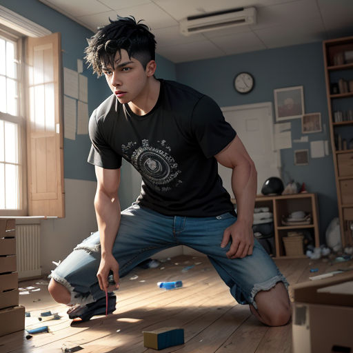 a man kneeling down on a wooden floor with a tool in his hand and a box in the other hand