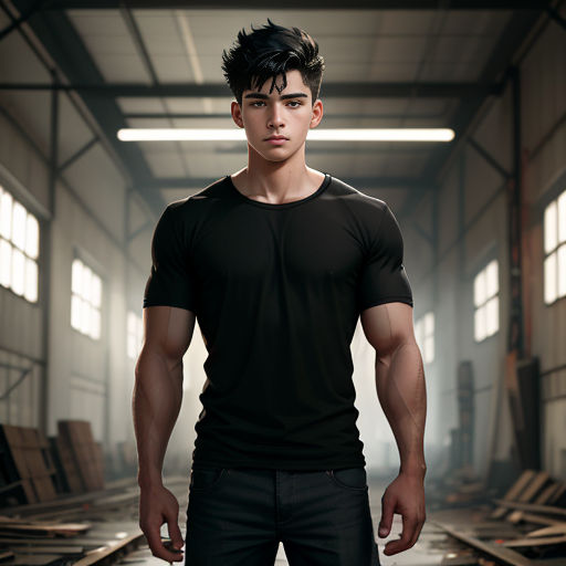 a man in a black shirt standing in a warehouse with a black background and a light coming from the ceiling
