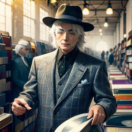 a man in a suit and hat holding a plate in a library with books on the shelves and a man in a suit and tie