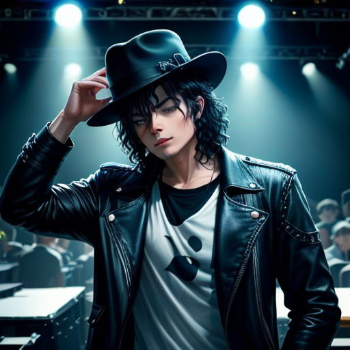 a man in a black hat and leather jacket in a room full of people with a microphone in his hand