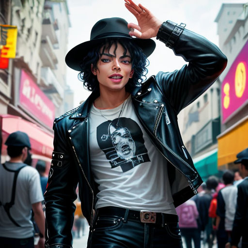 a man in a black hat and leather jacket on a street corner with a hand up to his head