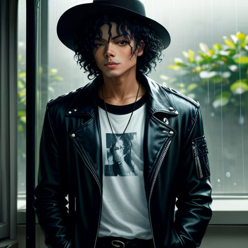 a man in a black hat and jacket standing in front of a window with a plant behind him and a t - shirt on