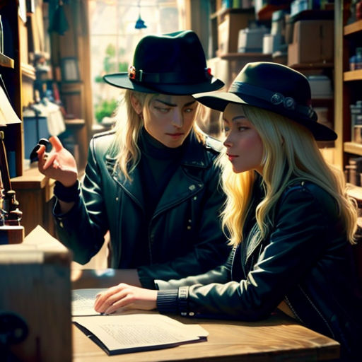a couple of people that are sitting at a table together in a room with books and a lamp on the table