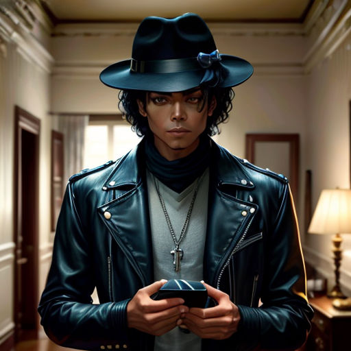 a man in a hat and leather jacket holding a cell phone in a hallway with a lamp on the side