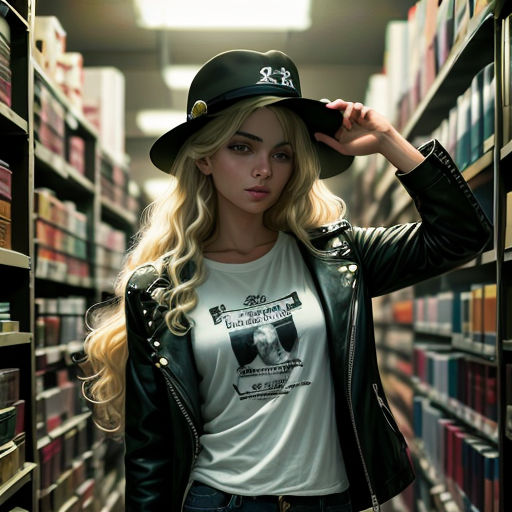 a woman in a hat is standing in a library with bookshelves and shelves of books behind her