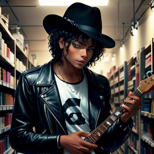 a man in a hat and leather jacket holding a guitar in a library with bookshelves behind him