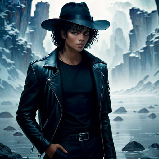 a man in a black hat and black jacket standing in front of a mountain landscape with a river and rocks