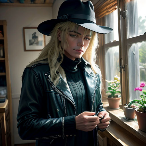 a woman in a black hat looking at her cell phone in a window sill with potted plants