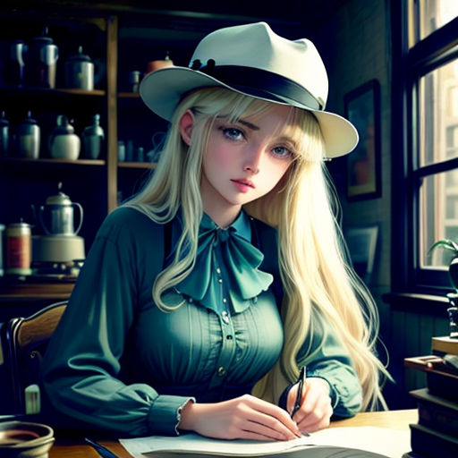 a woman in a hat sitting at a desk writing on a paper with a pen and a book on it