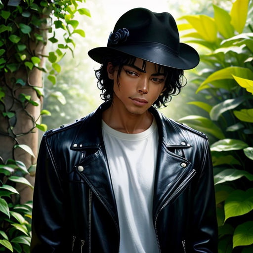 a man in a black hat and jacket standing in a jungle with a bush behind him and a bush behind him