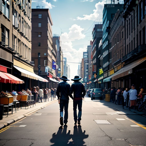 two men walking down a street in a city with tall buildings and people sitting at tables on the sidewalk