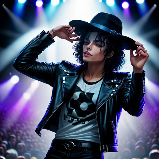 a woman in a black hat and leather jacket on stage with a microphone in her hand and a crowd of people in the background