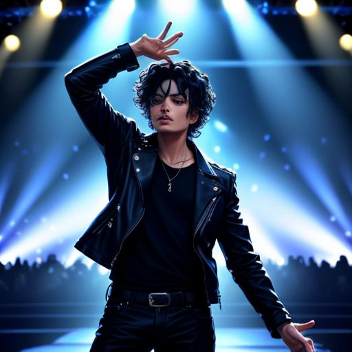 a man in a black jacket and black pants on stage with his hands up in the air and lights behind him