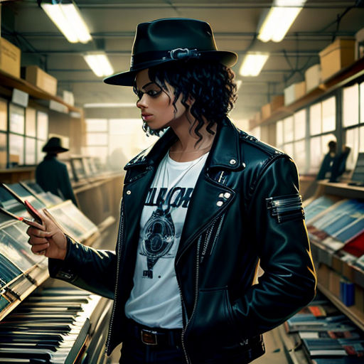 a man in a hat is looking at a keyboard in a music store with a woman in a black leather jacket