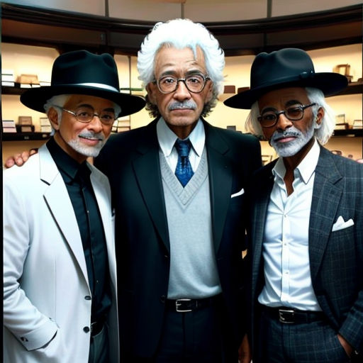 three men in suits and hats posing for a picture together in a store display area with shelves of hats