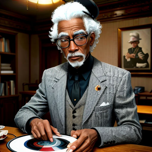 a man in a suit and tie sitting at a table with a plate in front of him and a cup of coffee