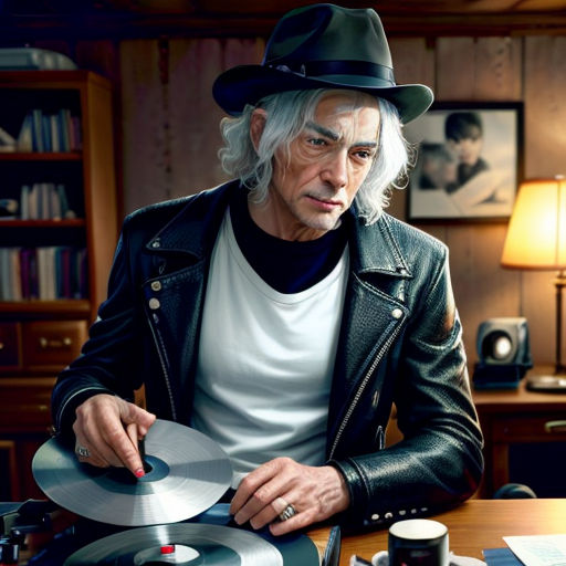 a man in a hat holding a record in his hands and sitting at a desk with a record player