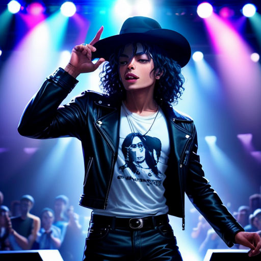 a man in a black hat and leather jacket on stage with a laptop and microphone in his hand and a microphone in his other hand