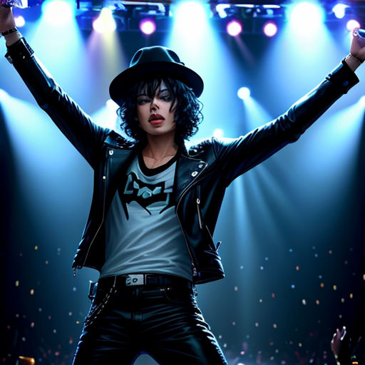a man in a black hat and leather jacket on stage with his arms up in the air and his hands in the air