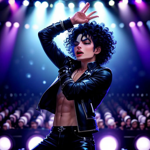 a man in a leather jacket and pants on stage with his hands up in the air and his shirt open