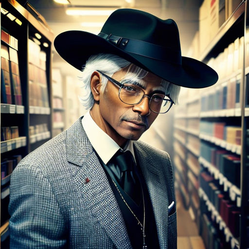 a man in a suit and hat in a library with bookshelves and shelves of books behind him