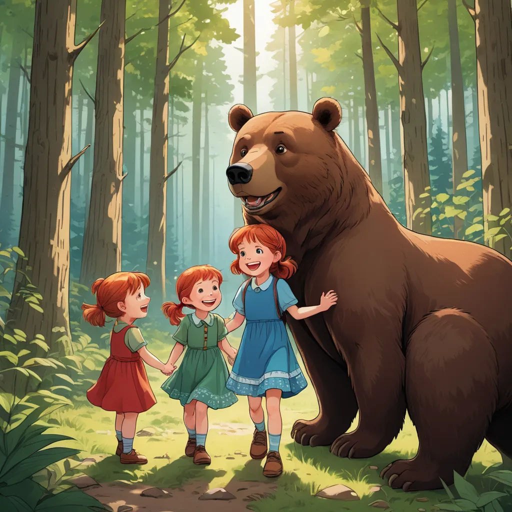 a bear and three children standing in a forest with a bear on the ground and trees in the background, furry art, a storybook illustration, Elsa Beskow, official art