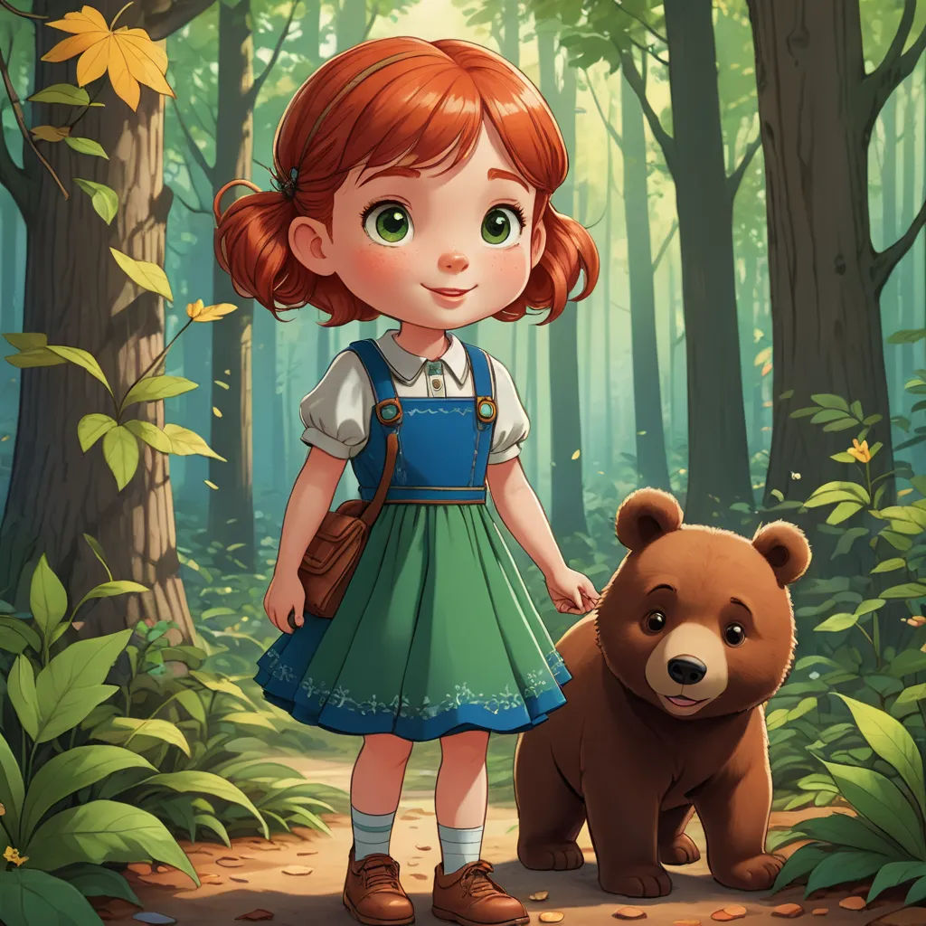 a girl in a dress standing next to a bear in a forest with leaves on the ground and trees, sots art, a storybook illustration, Clarice Beckett, official art