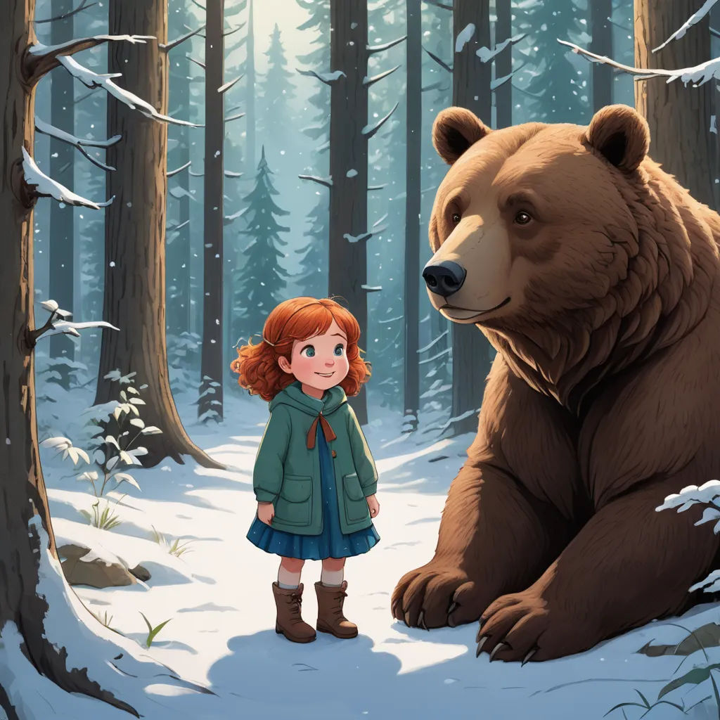 a girl standing next to a large bear in a forest with snow on the ground and trees in the background, furry art, a storybook illustration, Diego Gisbert Llorens, storybook illustration