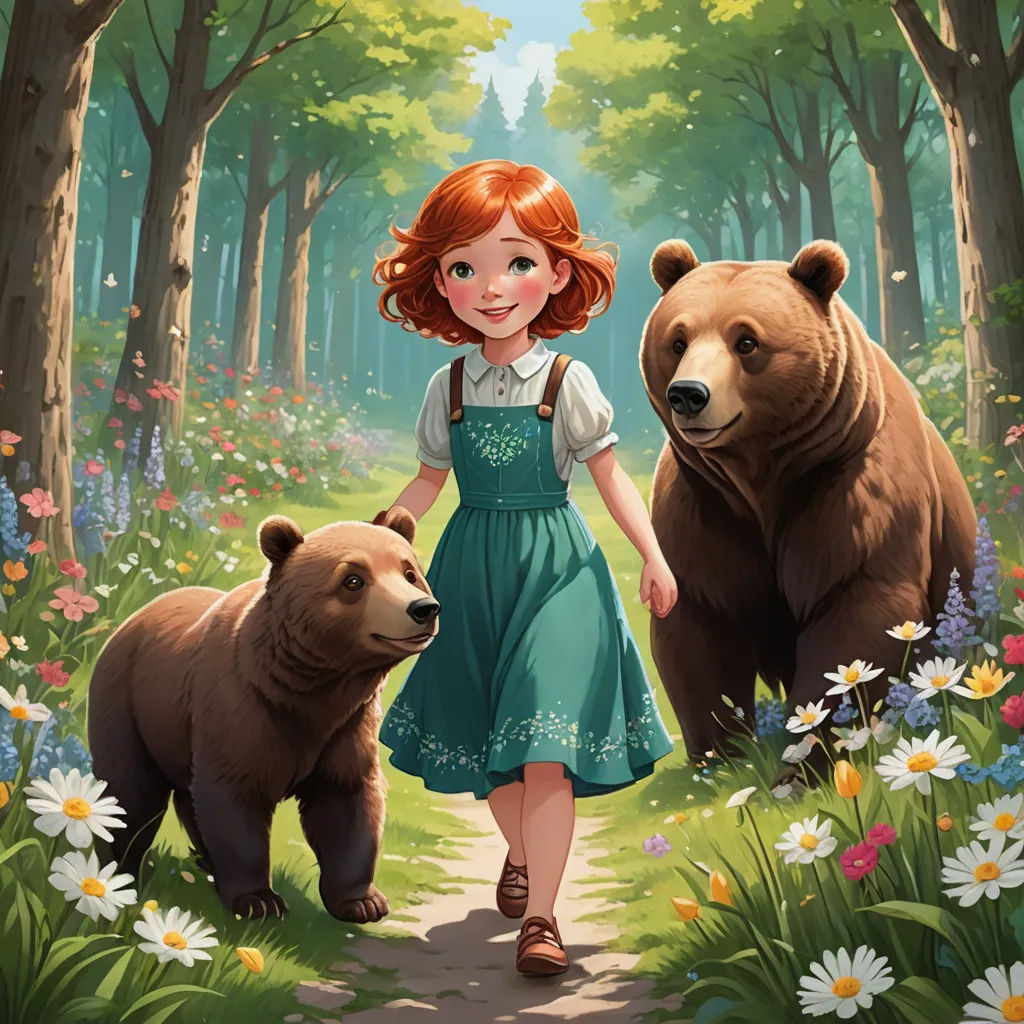 a girl in a dress walking with two bears in a forest with flowers and trees in the background,, sots art, a storybook illustration, Aaron Jasinski, official art