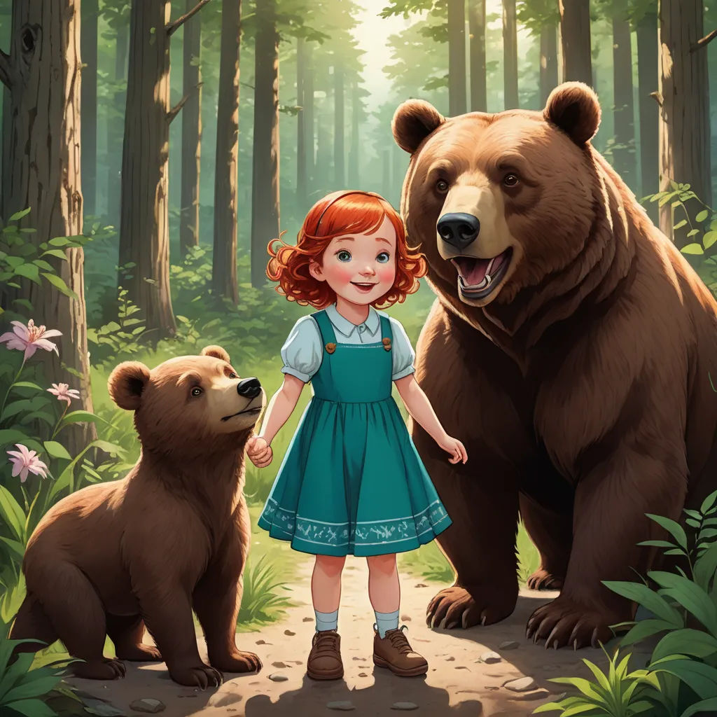a girl in a blue dress standing next to two bears in a forest with flowers and trees in the background, sots art, a storybook illustration, Aaron Jasinski, official art