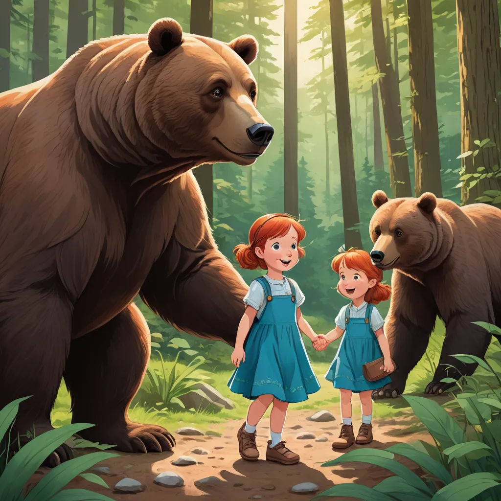 a girl and a bear in a forest with sunlight shining through the trees and leaves on the ground and on the ground, furry art, a storybook illustration, Aaron Jasinski, official art