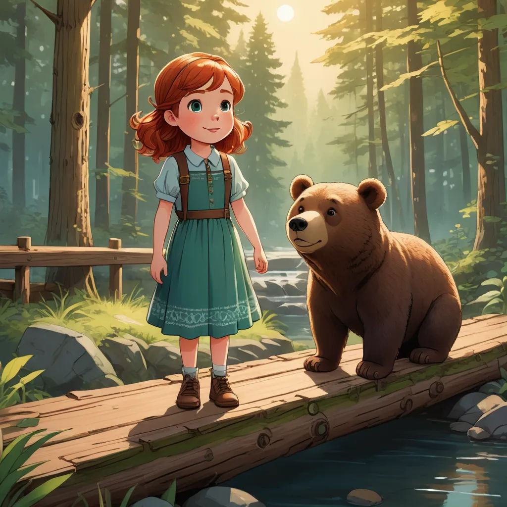 a girl standing on a bridge next to a bear in a forest with a river and trees in the background, sots art, a storybook illustration, Anne Said, official art