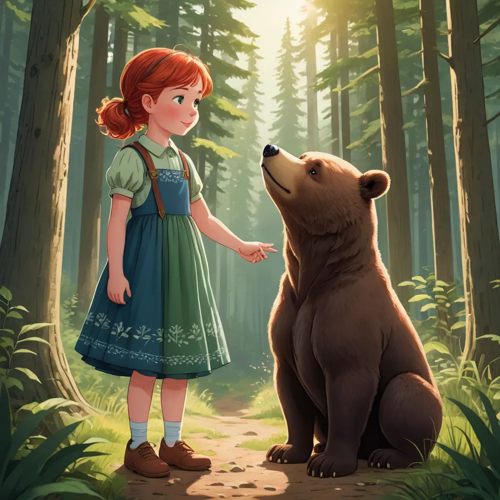 a girl in a green dress standing next to a brown bear in a forest with trees and grass on both sides, sots art, a storybook illustration, Aaron Jasinski, official art