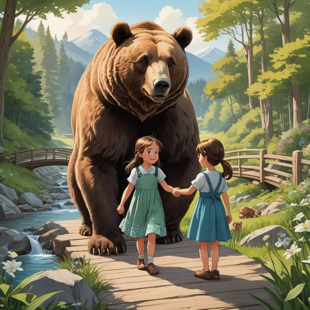 a painting of a girl and a girl holding hands and a bear in the background with a bridge and mountains, american scene painting, a storybook illustration, Aaron Jasinski, storybook illustration