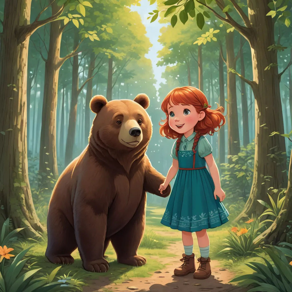 a girl in a blue dress standing next to a brown bear in a forest with trees and flowers on the ground, furry art, a storybook illustration, Aaron Jasinski, official art