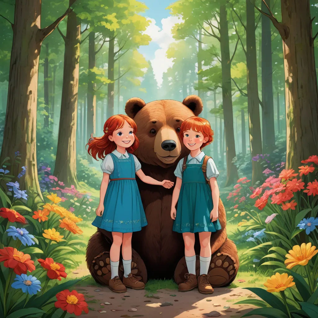 two girls standing next to a giant bear in a forest with flowers and trees around them, with a bear in the foreground, sots art, a storybook illustration, Diego Gisbert Llorens, official art