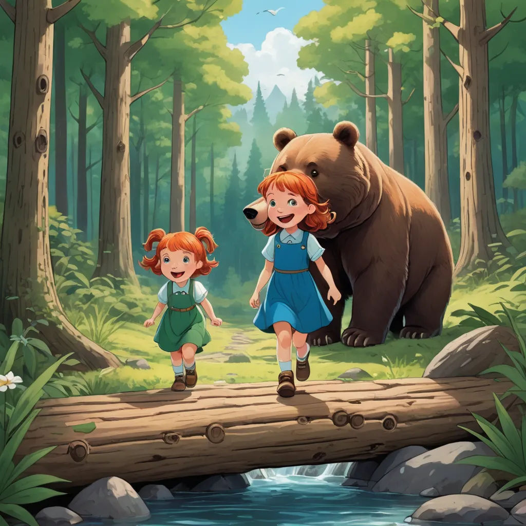 a girl and a bear crossing a bridge in the woods with a bear behind them and a stream running through the woods, danube school, a storybook illustration, Elsa Beskow, storybook illustration