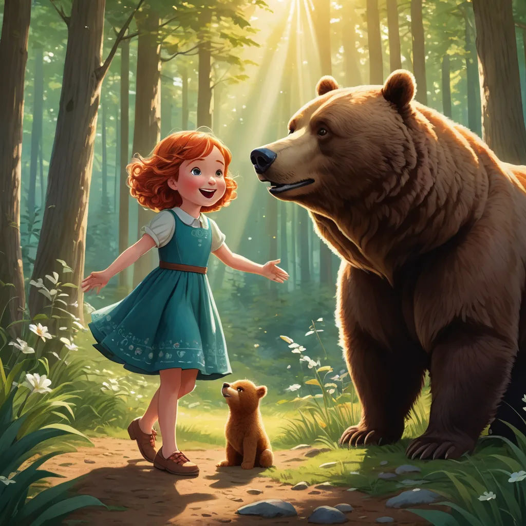a girl and a bear in a forest with sunlight shining through the trees and leaves on the ground and the bear is looking at her, sots art, a storybook illustration, Aaron Jasinski, official art