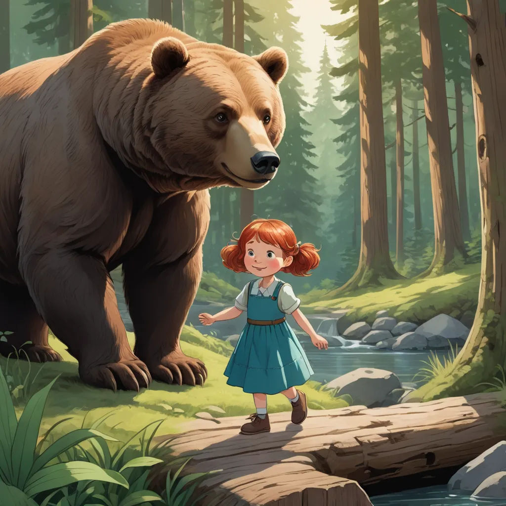 a girl standing in front of a bear in a forest with a stream and trees in the background,, environmental art, a storybook illustration, Diego Gisbert Llorens, promotional image
