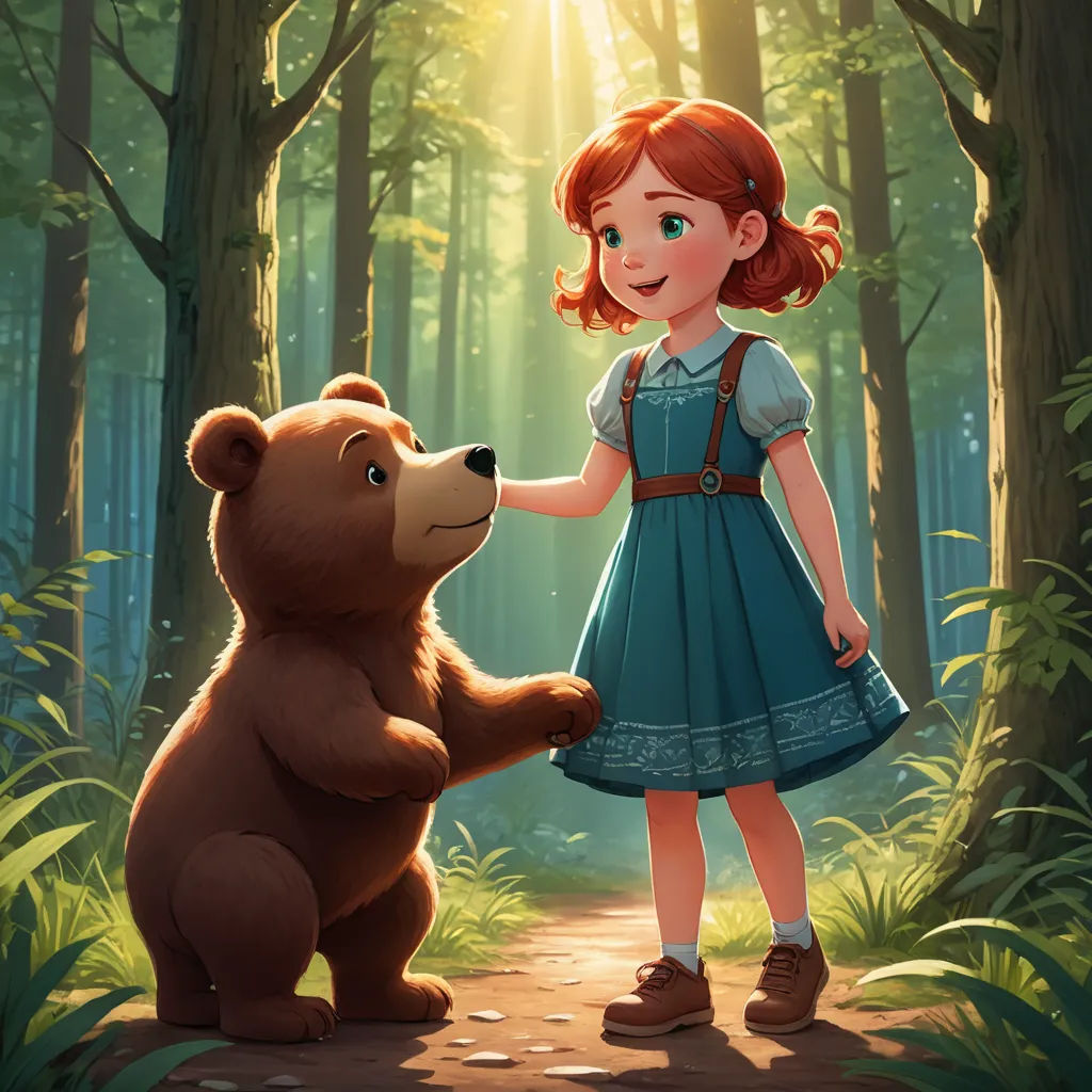 a little girl is touching a bear in the woods with sunlight shining through the trees behind her and a bear standing on its hind legs, sots art, a storybook illustration, Anne Said, official art