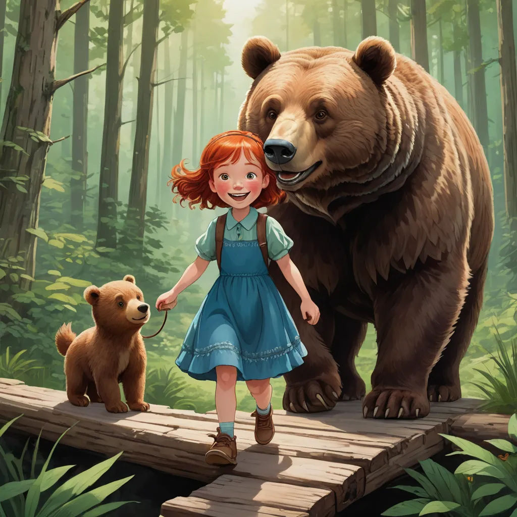 a girl in a blue dress is walking a bear across a bridge in the woods with a bear on a leash, sots art, a storybook illustration, Aaron Jasinski, official art