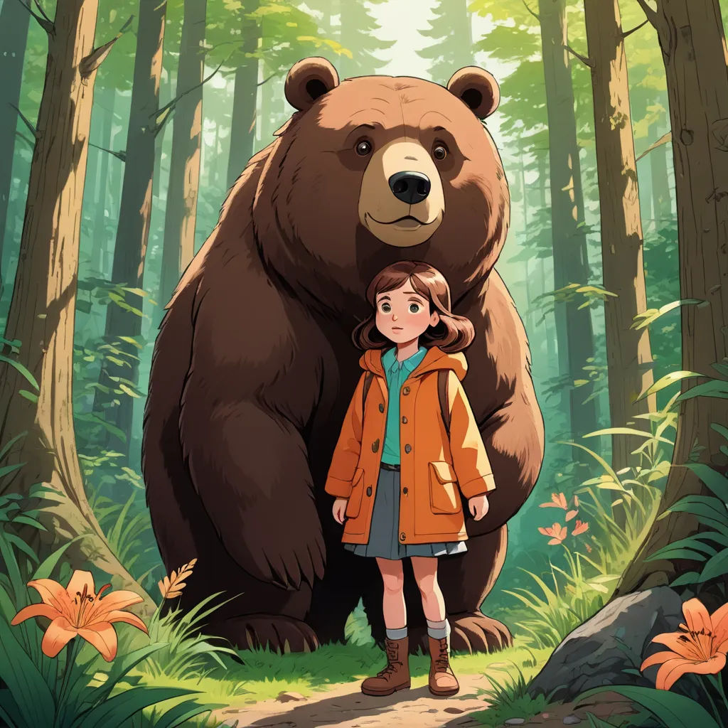 a girl standing next to a large bear in a forest with flowers and trees around her, with a bear behind her, environmental art, poster art, Diego Gisbert Llorens, official art