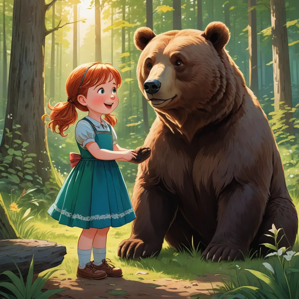 a girl standing next to a bear in a forest with sunlight shining through the trees and leaves on the ground, sots art, a storybook illustration, Aaron Jasinski, official art
