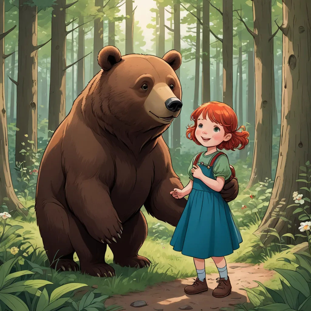 a girl standing next to a bear in a forest with trees and flowers on the ground and a bear on the ground, furry art, a storybook illustration, Clarice Beckett, official art