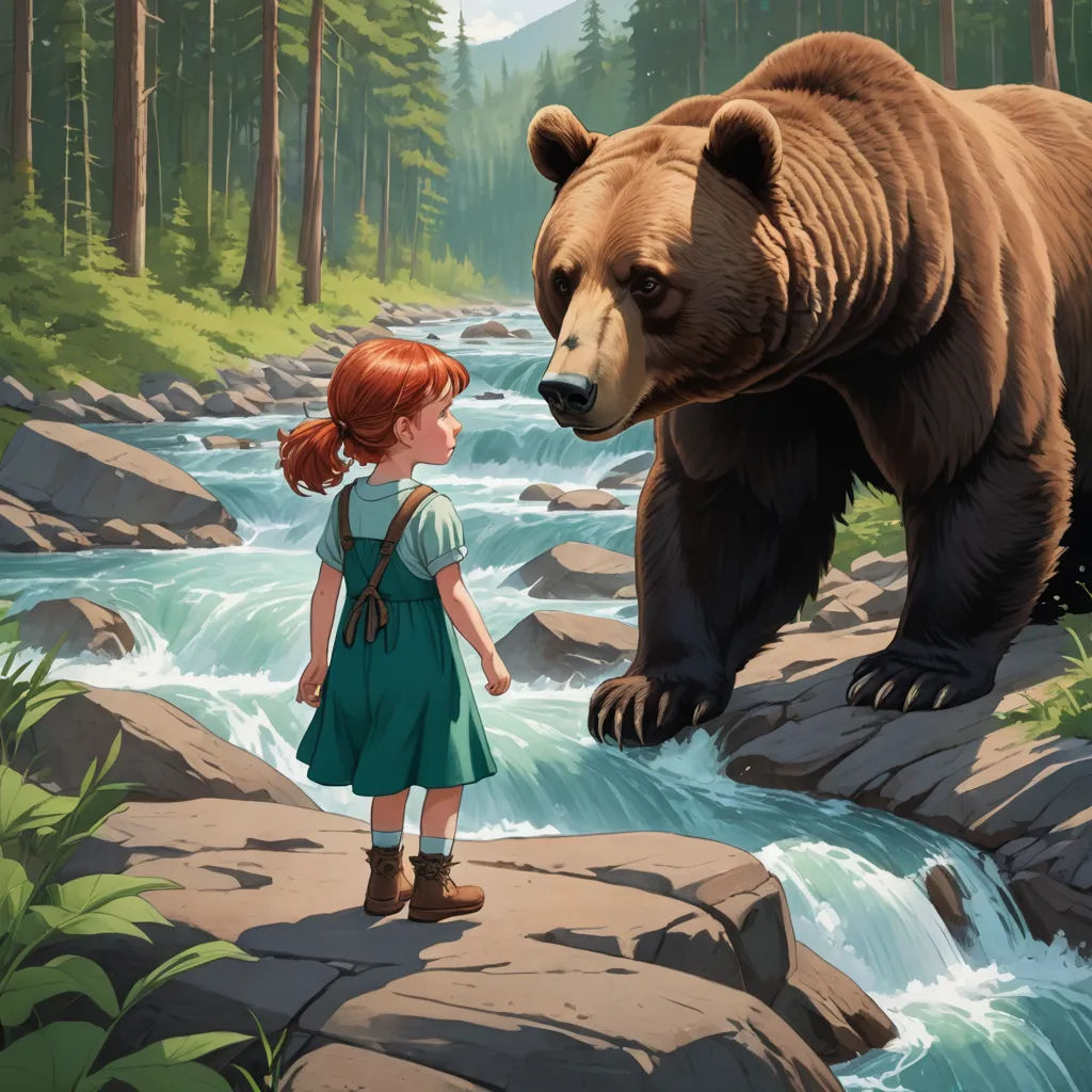 a girl standing on a rock looking at a bear in the woods by a river with a waterfall and trees, magical realism, a storybook illustration, Aaron Jasinski, storybook illustration