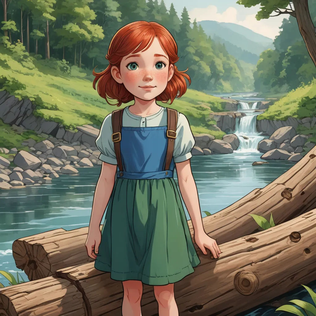 a girl standing on a log in front of a river and a forest with a waterfall in the background, environmental art, a storybook illustration, Anne Said, ghibli