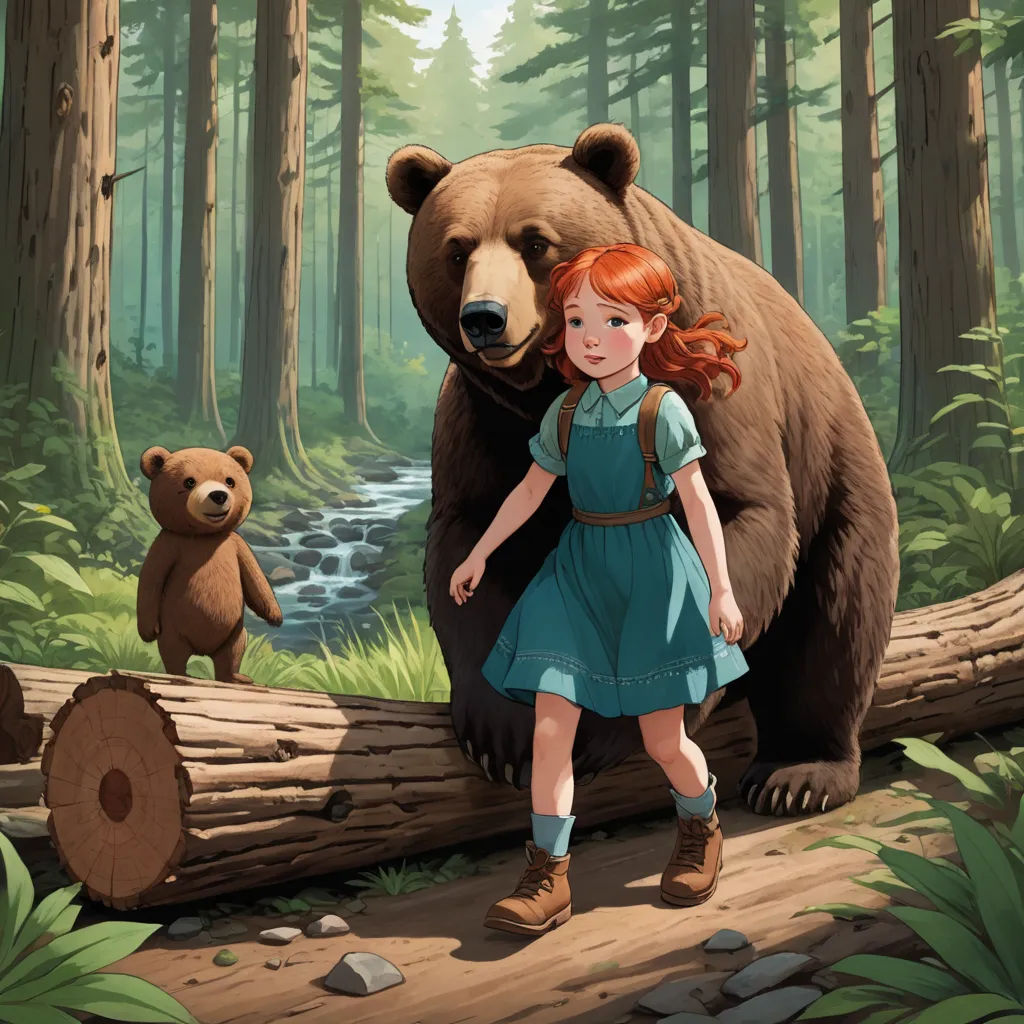 a girl and a bear in a forest with a log and stream in the background, and a stream running through the woods, american scene painting, a storybook illustration, Aaron Jasinski, official art